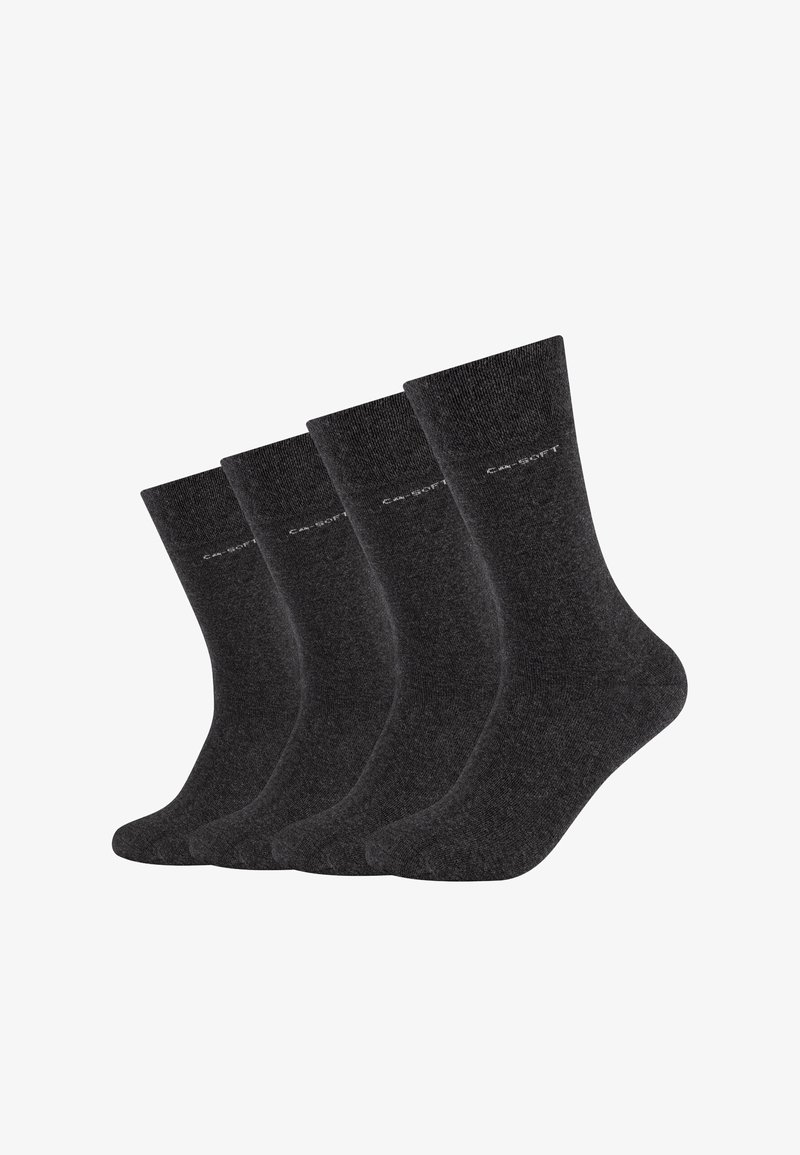 Black cotton blend socks, classic design, mid-calf length, smooth texture, with a subtle logo printed around the top edge. Set of four.