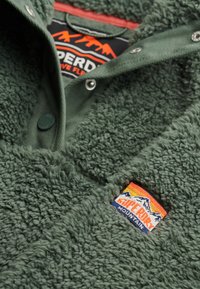 Fleece pullover in donkergroen met een gestructureerd, pluizig oppervlak. Heeft een kraag met knopen en een kleurrijk geborduurd bergenlogo.