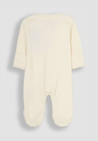 Cremfarbener Baby-Body aus weichem Stoff. Verfügt über lange Ärmel, einen runden Ausschnitt und Füßchenbeine mit einem schlichten, nahtlosen Design.