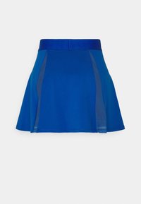 Blue flared skirt featuring a solid color design, smooth texture, and a contrast waistband. Includes sheer side panel accents for detail.