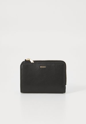 Black leather wallet with a zip closure, featuring a gold logo. Smooth texture, rectangular shape, compact design with a subtle sheen.