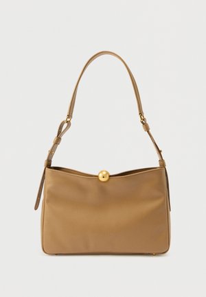 Τσαντάκι ώμου σε ταμπά χρώμα από λείο υλικό, με στρογγυλό κλείσιμο από χρυσαφί μέταλλο και ρυθμιζόμενο λουρί. Απλό, ορθογώνιο σχήμα.