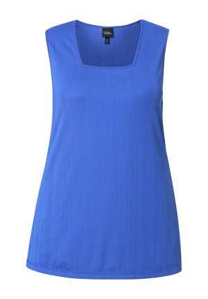 Ärmelloses Damenoberteil in leuchtendem Blau mit quadratischem Ausschnitt und subtiler vertikaler Rippstruktur.