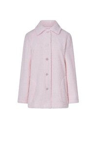 Abrigo texturizado de color rosa claro, con cuello tipo solapa, botones frontales y bolsillos laterales. Fabricado en una tela suave, con un corte suelto y relajado.