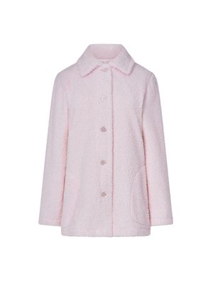 Abrigo texturizado de color rosa claro, con cuello tipo solapa, botones frontales y bolsillos laterales. Fabricado en una tela suave, con un corte suelto y relajado.