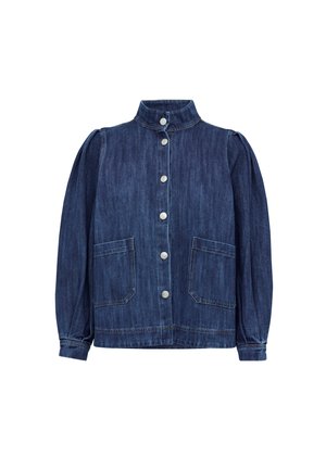 Temno modra denim jakna z visokim ovratnikom, srebrnimi gumbi, napihnjenimi rokavi in dvema sprednjima žepoma. Ima vidne šivane detajle.