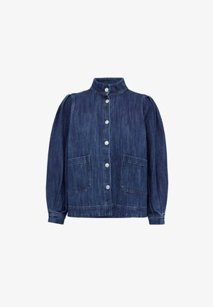 Dunkelblaue Jeansjacke mit hohem Kragen, silbernen Knöpfen, gepufften Ärmel und zwei vorderen Taschen. Verfügt über sichtbare Nähte.