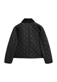 Zwarte doorgestikte jas met een hoge kraag, lange mouwen en een cropped model met diamantvormige patronen overal. Glad, lichtgewicht materiaal.