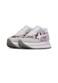 Multicolored sneakers featuring a textured upper with floral patterns, grey suede accents, and a white midsole with a ridged grey outsole.