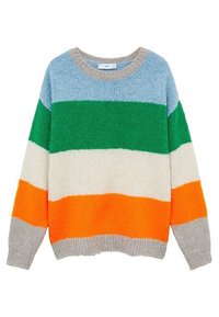 Pull en grosse maille avec larges rayures horizontales bleu clair, vert, crème, orange, et poignets et ourlet côtelés gris.