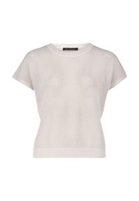 Jasnoszary, dzianinowy sweter z krótkim rękawem o luźnym kroju i okrągłym dekolcie; posiada strukturalny wzór siatkowy i ściągacz u dołu.