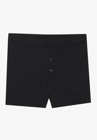 Boxers negros acanalados con una cinturilla suave, que cuentan con una apertura frontal con botón y dos botones negros. Diseño liso, sin patrones ni acentos.
