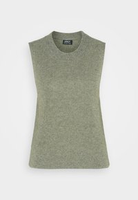 Grüner ärmelloser Pullover mit Rippenstrickmuster, ausgestattet mit einem runden Ausschnitt und einer leicht taillierten Passform. Weiche Textur und minimalistisches Design.