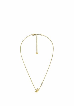 Gold chain necklace featuring a detailed shell pendant, a small sparkling accent near the pendant, and an adjustable closure.