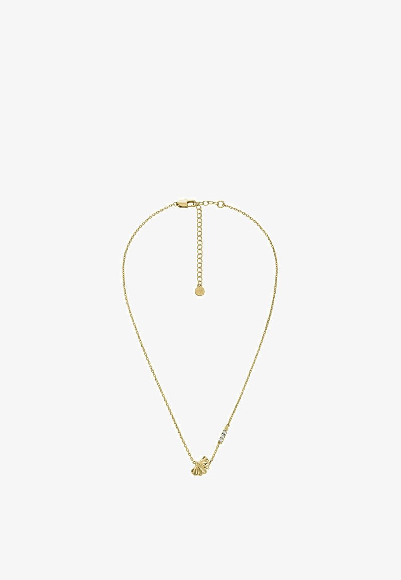 Gold chain necklace featuring a detailed shell pendant, a small sparkling accent near the pendant, and an adjustable closure.