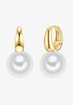 Guld hoops øreringe med store, glatte, hvide perler. Designet er slankt med en poleret finish og en sømløs fastgørelse til perlerne.