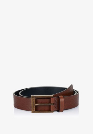 Brauner Ledergürtel mit strukturiertem Finish, ausgestattet mit einer Messingschnalle und schwarer Innenauskleidung. Abgerundetes Ende mit einer einzigen Lederschlaufe.