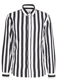 Zwart-wit gestreepte longsleeve shirt met een button-down kraag, voorzijde met knopen en contrasterende gestreepte manchetten.