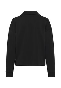 Pullover nero a maniche lunghe con collo, orlo dritto e vestibilità ampia, mostrato di schiena su sfondo bianco.