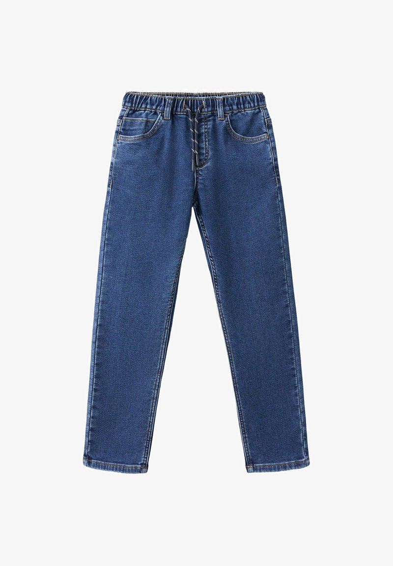 Jean en denim bleu avec taille élastique et cordon de serrage, avec poches avant et coupe droite.