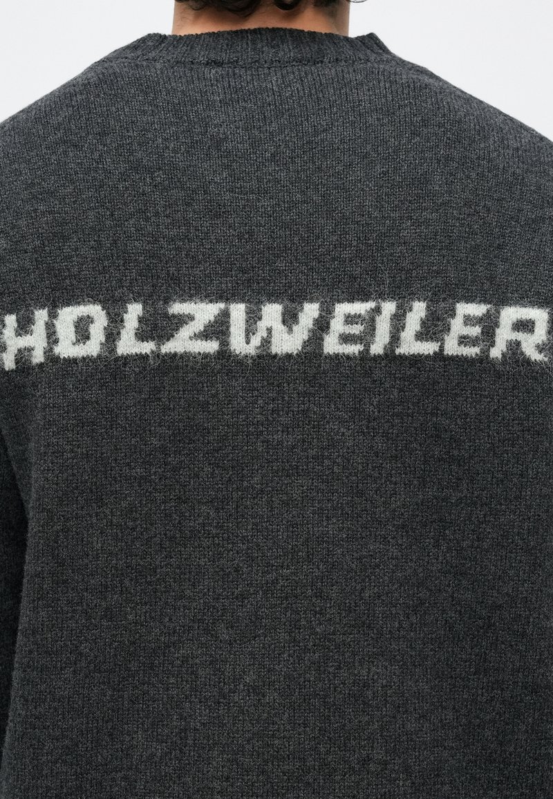 Pull en tricot gris avec une texture douce, arborant un logo blanc "HOLZWEILER" sur le dos, un col rond et des poignets côtelés.