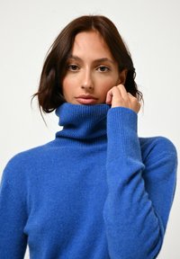 Blauer, gerippter Rollkragenpullover aus weichem Material, taillierte Passform mit hohem Kragen und langen Ärmeln, die einen gemütlichen und bequemen Sitz bieten.