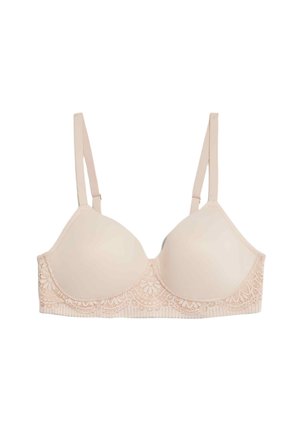 Beige gewatteerde bh met kant langs de rand, verstelbare bandjes en een gladde stof. Heeft een subtiele textuur op de band.