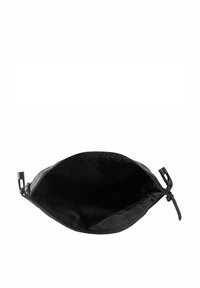 Black nylon pouch with a wide opening, zip closure, and drawstring. Smooth texture, lightweight, and unembellished interior.