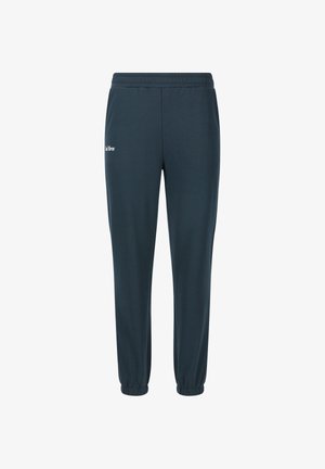 Donkerblauwe joggingbroek met elastische tailleband en boorden, met een klein wit logo op de bovenkant van de linker dij.