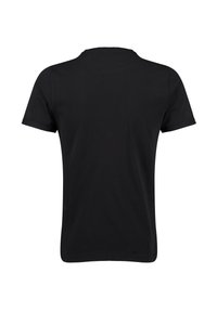 Camiseta de algodón negra, cuello redondo, mangas cortas, corte regular, textura suave, diseño simple, sin logotipos ni patrones visibles en la parte posterior.