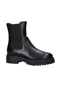 Black leather ankle boot featuring elastic side panels, a chunky sole, and a textured finish for grip. Sleek design with minimal hardware.