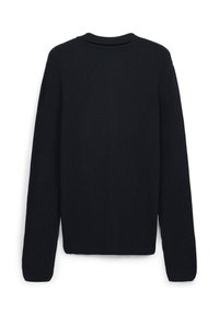 Maglione nero a maglia con scollo rotondo, maniche lunghe e un motivo testurizzato. Presenta una linea inferiore dritta e polsini a costine.