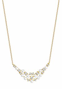 Złota naszyjnik o zakrzywionym wzorze z naprzemiennie ułożonymi białymi perłami i przezroczystymi cyrkoniami, starannie rozmieszczonymi na delikatnym łańcuszku.