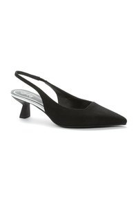 Black slingback pump with a pointed toe and textured fabric. Features a low, solid block heel and a smooth inner lining.