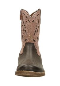 Brown leather cowboy boots with pink perforated accents, pointed toe, decorative stitching, and a pull strap for easy wear.