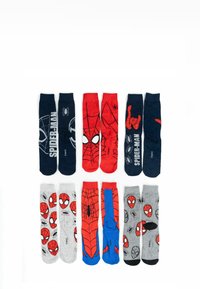 Set di otto calzini con design di Spider-Man. I colori includono rosso, blu, blu navy e grigio, con vari motivi e grafica legati a Spider-Man.