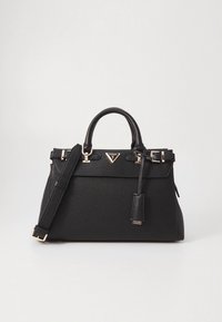 Schwarze Handtasche aus strukturiertem synthetischem Material. Verfügt über goldfarbene Beschläge, obere Griffe, einen abnehmbaren Schulterriemen und ein Logo-Detail.