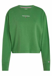 Zelená dlouhá rukávová cropped mikina s textem "Tommy Jeans" a malým červeným, bílým a modrým logem na hrudi a manžetě rukávu.