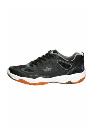 Black athletic shoe with a mesh upper, ribbed accents, and a white and orange rubber sole. Features lace-up design and padded collar.