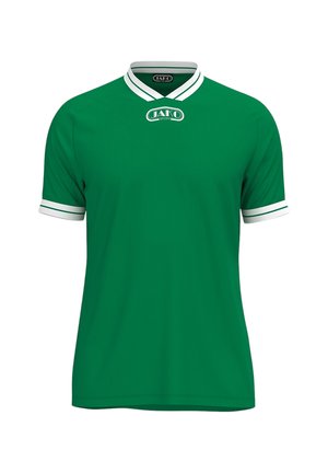 Grünes kurzärmeliges Sportshirt mit weißem Kragen und Ärmelsäumen, mit dem JAKO Sport-Logo mittig unterhalb des Halsausschnitts.