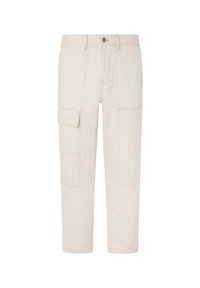 Lysebeige cargo-bukser med flere lommer, rett ben-design, synlige sømmer og knappelukking i midjen.