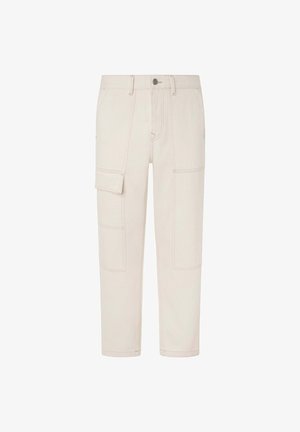 Svetlo béžové cargo nohavice s viacerými vreckami, strih rovný, viditeľné švy a zapínanie na gombík v páse.