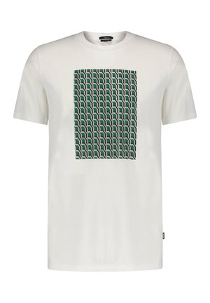 Valkoinen puuvillainen t-paita, jossa etupuolella geometrinen vihreä ja kerma kuvio. Pyöreä kaula-aukko ja lyhyet hihat.