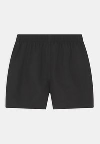 Melni šorti ar elastīgu jostasvietu, ar gludu tekstūru un vienkāršu dizainu. Nav redzamu kabatu vai rakstu.