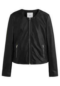 Černá kožená bunda s kulatým výstřihem, stříbrným zipem a dvěma bočními kapsami na zip, s hladkou strukturou a propracovaným designem.