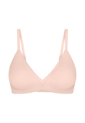 Reggiseno wireless rosa tenue, leggermente testurizzato, con spalline sottili regolabili e scollatura profonda a V, mostrato su uno sfondo bianco semplice.