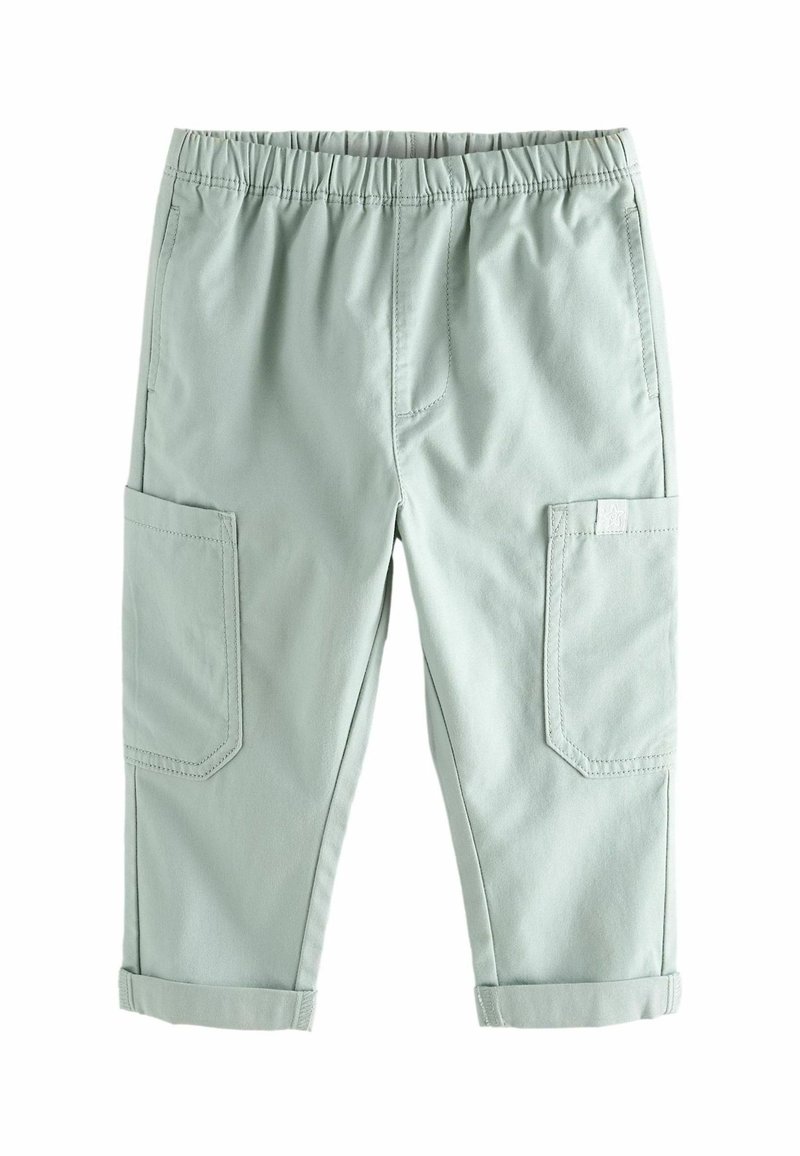 Pantalon pour enfant vert clair avec taille élastique, poches latérales, poches plaquées sur les jambes et ourlets à revers.