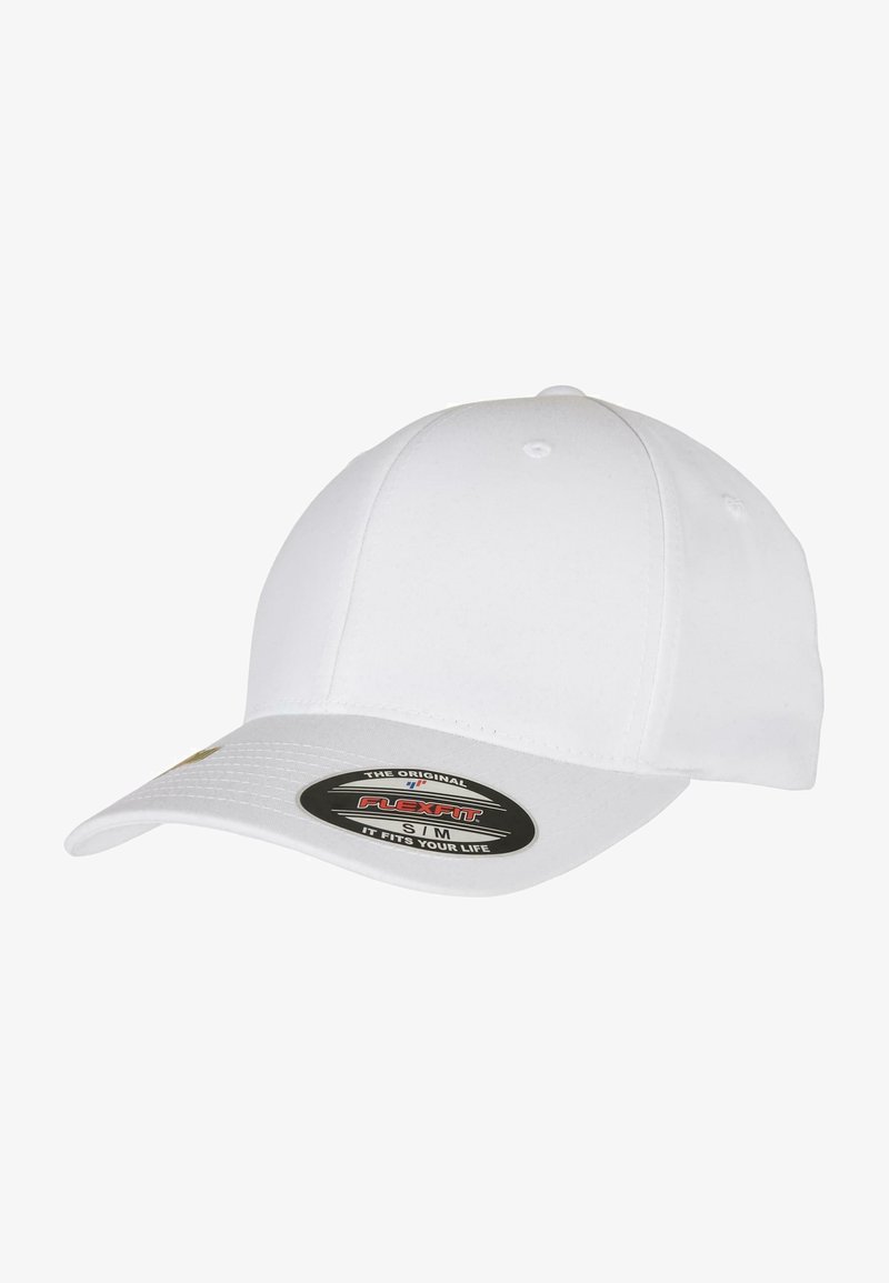 White cap made of fabric with a rounded crown and curved visor. Features a circular black sticker on the front with branding and care instructions.