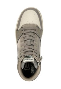 Beige and gray sneaker with a textured upper, perforated toe, lace-up design, and logo detail on the tongue. Features a soft lining.