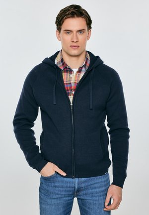 Jaunas vyras trumpais rudais plaukais, dėvintis tamsiai mėlyną džemperį su užtrauktuku virš margos languotos palaidinės ir mėlynų džinsų, stovintis viena ranka kišenėje.